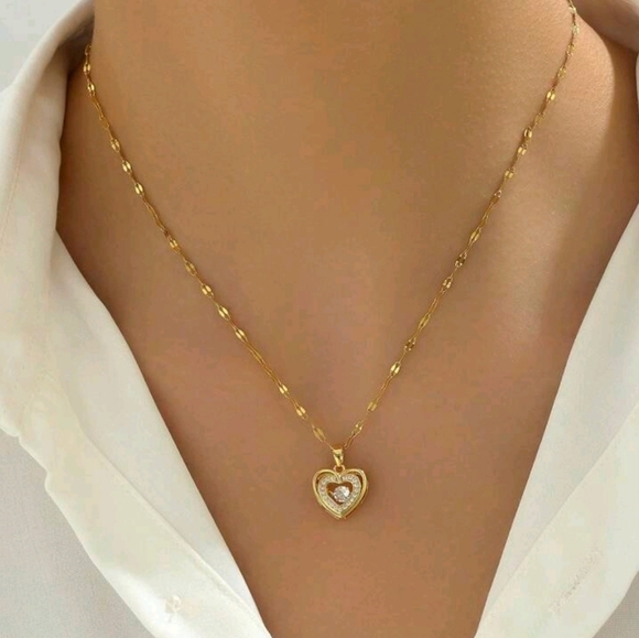Jewelry - NEW 18k Gold Plated Stainless Steel "Dancing" Cubic Zirconia Heart Neckl…